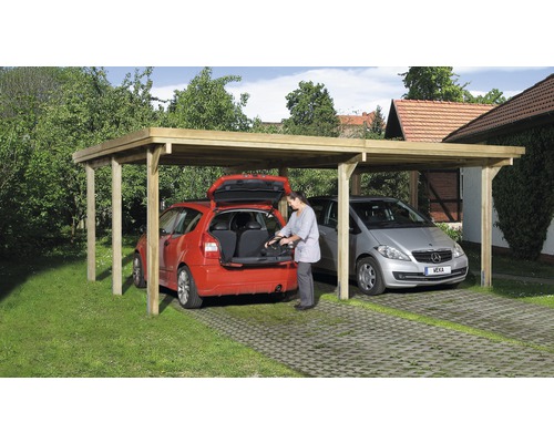 Doppelcarport weka Optima Gr. 3 603x512 cm kesseldruckimprägniert Doppelcarport aus Holz mit zwei geparkten Autos