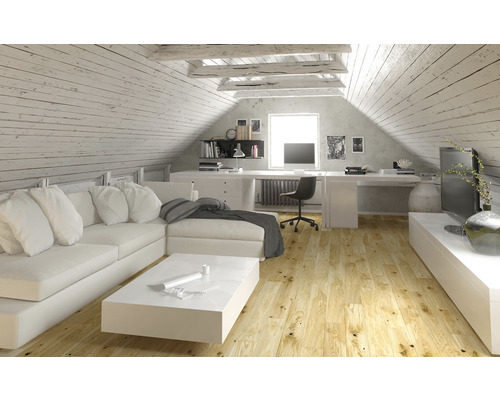 Heller Dachboden mit Sofa, Tisch, Schreibtisch und Fernseher