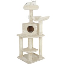 Beiger Kratzbaum mit Liegeflächen, Höhle und Spielzeug, auf dem eine Katze liegt