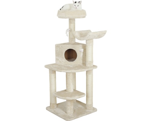 Beiger Kratzbaum mit Liegeflächen, Höhle und Spielzeug, auf dem eine Katze liegt