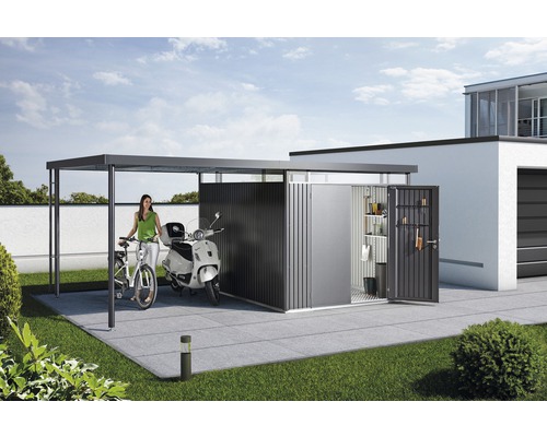 Szene mit einem Geräteschuppen, einem Carport, einem Motorroller und einem Fahrrad im Garten