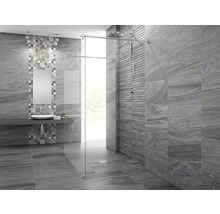 Modernes Badezimmer mit grauen Fliesen, Dusche und Waschbecken