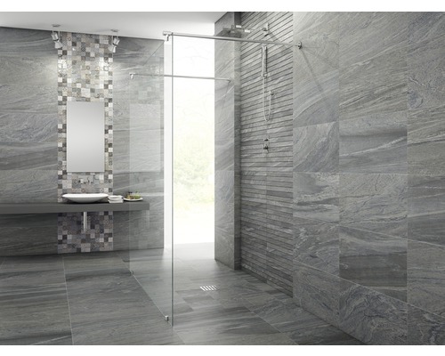 Modernes Badezimmer mit grauen Fliesen, Dusche und Waschbecken