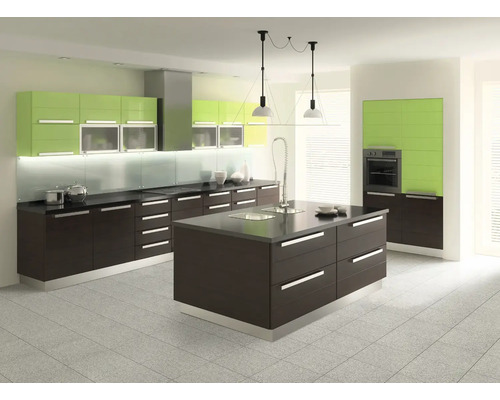 Moderne Küche mit Kochinsel, Küchenschränken und Einbaugeräten