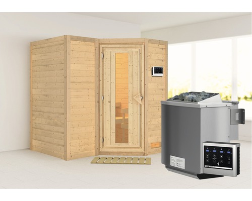 Elementsauna Karibu Melanit 1 inkl.9 kW Bio Ofen u.ext.Steuerung ohne Dachkranz mit Holztüre und Isolierglas wärmegedämmt
