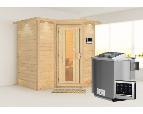 Elementsauna Karibu Melanit 1 inkl.9 kW Bio Ofen u.ext.Steuerung mit Dachkranz und Holztüre mit Isolierglas wärmegedämmt