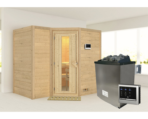 Massivholzsauna Karibu Melanit 2 inkl. 9 kW Ofen u.ext.Steuerung ohne Dachkranz mit Holztüre und Isolierglas wärmegedämmt