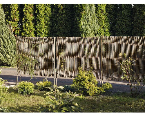 Gartenszene mit geflochtenem Weidenzaun als Sichtschutz