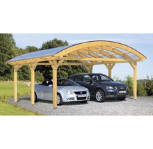 Holz Carport mit transparentem Dach und zwei geparkten Autos