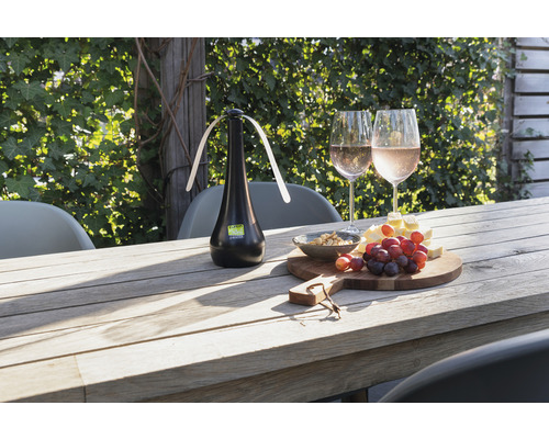 Fliegenabwehrventilator auf einem Tisch mit Essen und Getränken im Freien