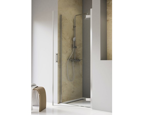 Drehtür für Nische Schulte ExpressPlus TouraPlus 1000x2000 mm Anschlag rechts Echtglas Klar hell chromoptik mit schmutzabweisender Glasbeschichtung Offene Duschkabine mit Duscharmatur im Badezimmer