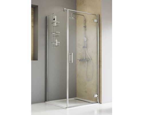 Drehtür mit Seitenwand Schulte ExpressPlus TouraPlus EP666218 900x900x2000 mm Anschlag rechts Echtglas Klar hell chromoptik mit schmutzabweisender Glasbeschichtung Duschkabine mit Duschsystem und Duschregal im Badezimmer