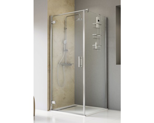 Drehtür mit Seitenwand Schulte ExpressPlus TouraPlus 1000x1000x2000 mm Anschlag links Echtglas Klar hell chromoptik mit schmutzabweisender Glasbeschichtung Duschkabine mit Duschsystem und Duschregal