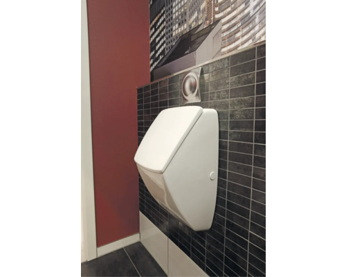 Weißes Urinal mit Deckel in einem Badezimmer mit Wandbild.