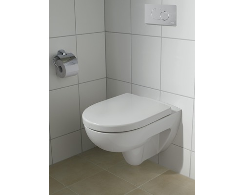 Hänge-WC mit Toilettenpapierhalter und Betätigungsplatte im Badezimmer