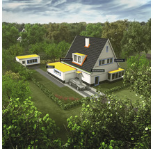 Illustration eines Hauses mit Dach, Fassade, Regenrinne und Bleiersatz.