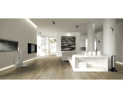 Heller Wohnraum mit Holzfußboden, weißen Möbeln und moderner Dekoration