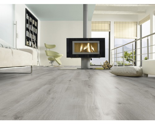 Heller Raum mit modernem Kamin und Holzboden