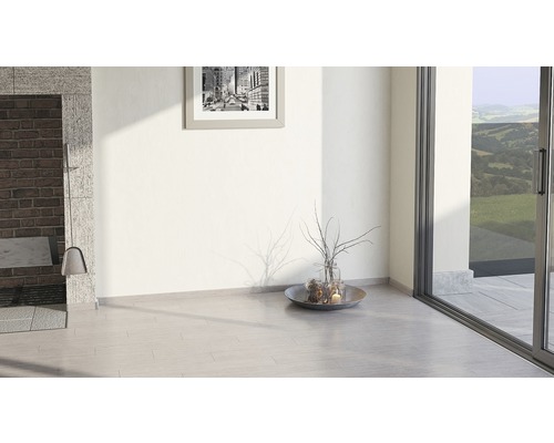 Heller Raum mit Kamin, Dekoration und Schiebetür