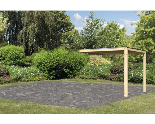 Anbaudach Karibu für Saunahäuser Zirkon 1 und Zirkon 2 200x272x210 cm Carport aus Holz im Garten mit Pflastersteinen