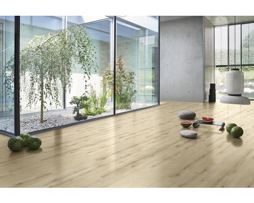 Heller Raum mit Laminatboden, Innenhof mit Pflanzen und minimalistischer Dekoration