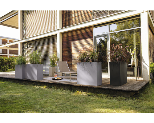 Quadratische Pflanzkübel aus Fiberglas auf einer Terrasse mit Gräsern bepflanzt