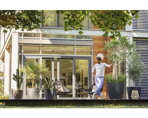 Terrasse mit verschiedenen Pflanzen in Pflanzgefäßen vor einem modernen Haus.