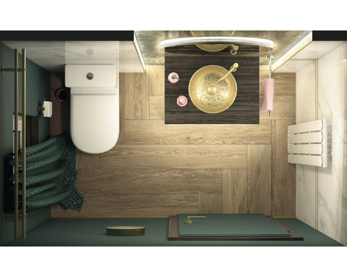 Ansicht von oben eines Badezimmers mit Toilette, Waschbecken und Dusche