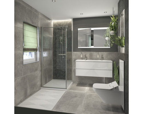 Badezimmer mit Dusche, Waschtisch, Spiegel und Toilette