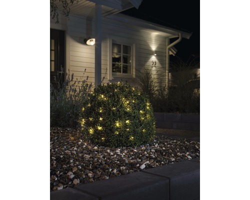 Dekorativer Busch mit Lichterkette im Garten vor dem Haus.
