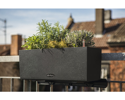 Schwarzer Blumenkasten mit Kräutern zur Montage am Balkongeländer.