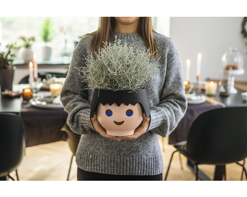 Frau hält Pflanzgefäß in Form eines stilisierten Kopfes mit Pflanze