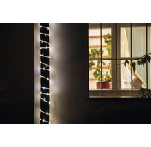 Außenansicht eines Hauses mit einer Lichterkette, die um einen Pfeiler gewickelt ist, und einem Fenster mit Pflanzen.