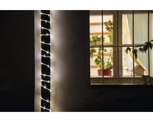 Außenansicht eines Hauses mit einer Lichterkette, die um einen Pfeiler gewickelt ist, und einem Fenster mit Pflanzen.