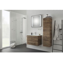 Badezimmer mit Waschtischunterschrank, Spiegelschrank, Hochschrank und Dusche