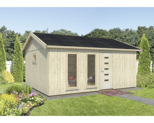 Gartenhaus aus Holz mit Dach und Fenstern im Garten