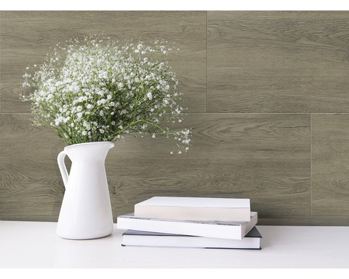 Kunststoffpaneel GX Wall+ Alpin Larch 5x300x600 mm Dekorative Holzpaneele mit weißen Büchern und Blumenvase