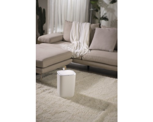 Weißer Treteimer im Wohnzimmer auf einem Teppich vor einem Sofa