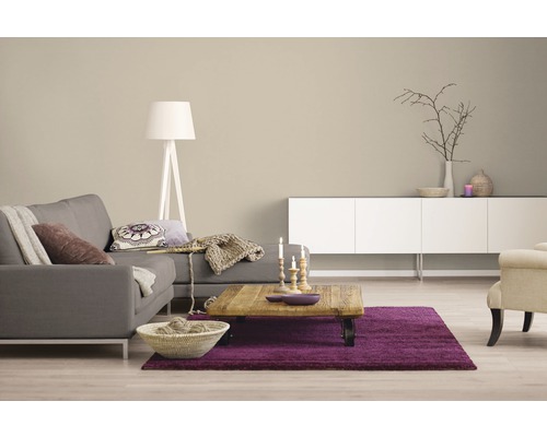 Wohnzimmer mit grauem Sofa, Holztisch und lila Teppich