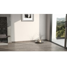 Innenraum mit Holzbodenfliesen und Blick durch eine Terrassentür