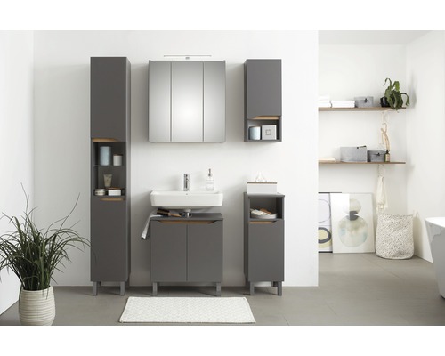 Modernes Badezimmer-Set mit Waschbeckenunterschrank, Spiegelschrank und Hochschrank in Grautönen
