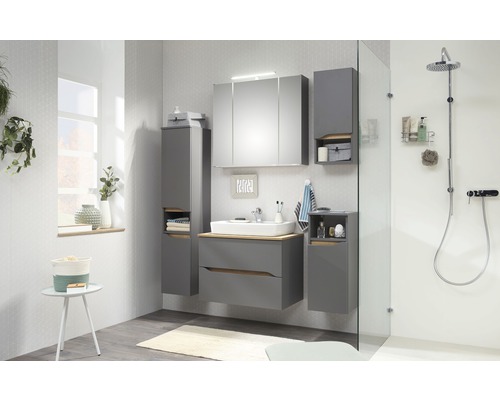 Modernes Badezimmer mit grauen Möbeln, Waschbecken und Dusche