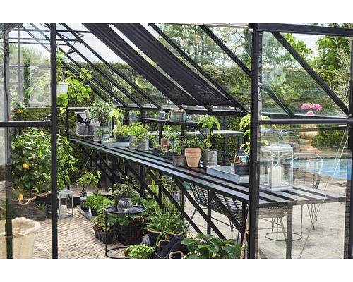 Gewächshaus mit Pflanzen und Gartenzubehör