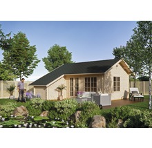 Holzgartenhaus mit Terrasse in einem Garten mit Teich