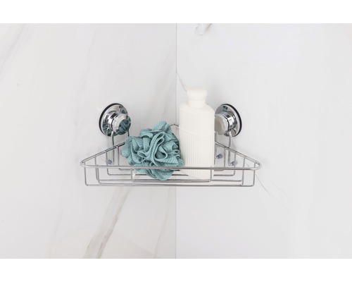 Eckregal mit Saugnäpfen, Badeschwamm und Lotion in Dusche