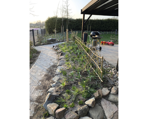 Garten mit Steinweg, Zaun, Grill und Bepflanzung