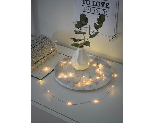Drahtlichterkette Konstsmide 1,9 m + 0,5 m Zuleitung 20 LEDs bernstein Dekorative Lichterkette auf einem Tisch mit Vase und Pflanze.