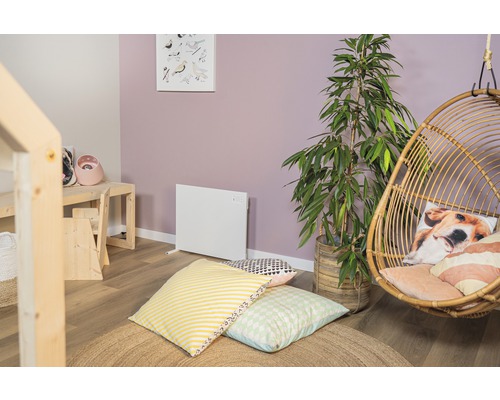 Wohnraum mit Heizkörper, Hängekorb, Zimmerpflanze und Kissen auf einem runden Teppich