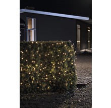 Beleuchtete Hecke mit Lichterkette vor einem Haus.