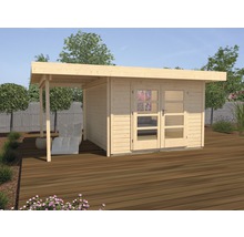 Gartenhaus mit Veranda auf einer Holzterrasse.